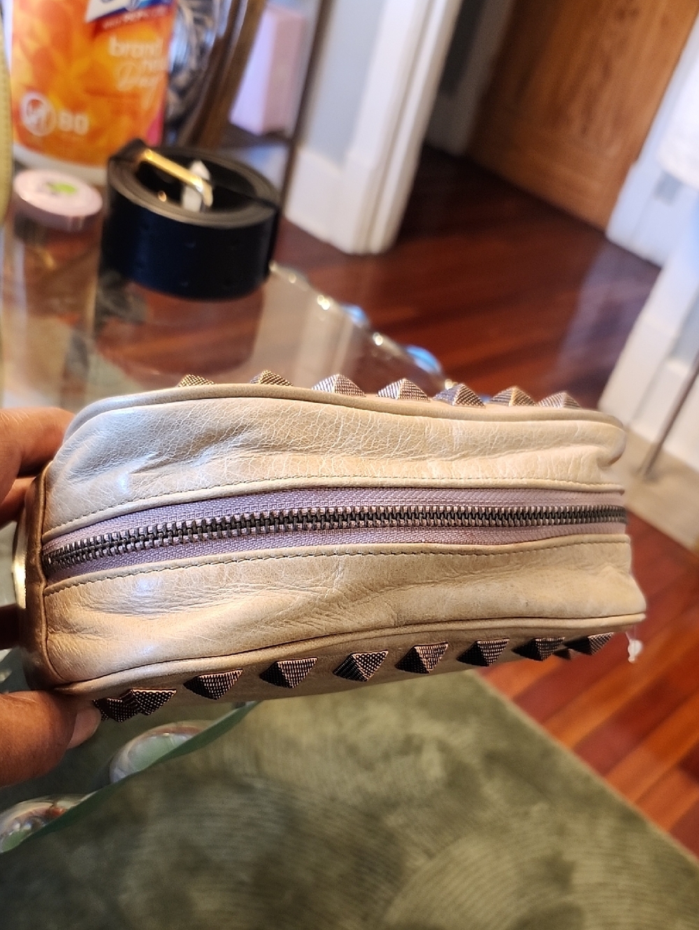Rebecca Minkoff Taupe Studded Leather Clutch/Cosmetic Pouch Beige & Rose Gold - Picture 7 of 11